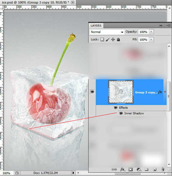 Ice cube 3D photoshop tools tutorial. 3D scene ice cube and cherry inside, ice txture effect in photoshop, ice reflection, 3D rendering, 3D light effects, realistic ice effectt, winterphotoshop  ideas